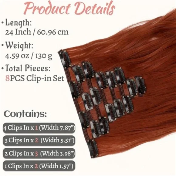 24” COPPER REDClip in Hair Extensions8PCS *AREIVES NEW *